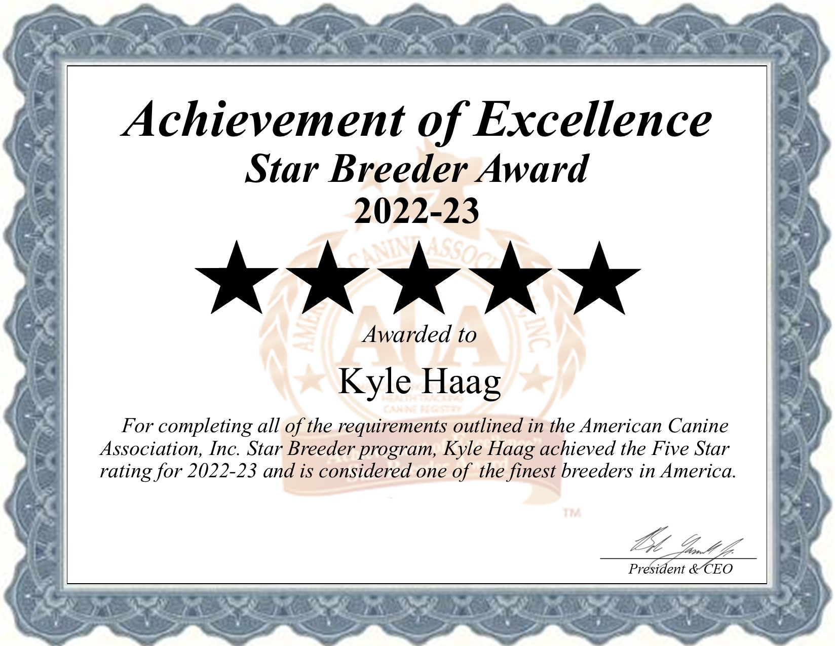 Kyle Haag dog breeder star breeder certificate